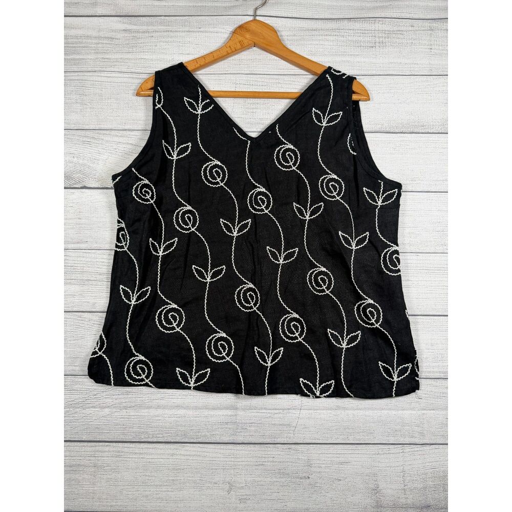 Aegean Women’s XL 100% Linen Black White Embroidered Floral Sleeveless Top 4209